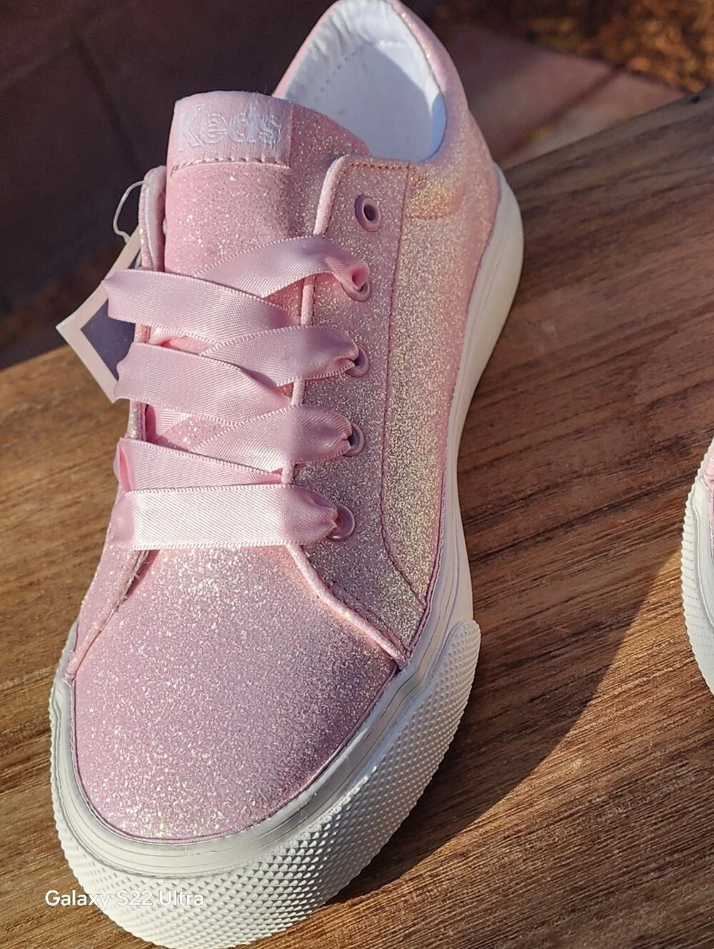 Keds Little Girls Pink Glitter Low Top Sneakers with Satin Ribbon Laces Size 3.5